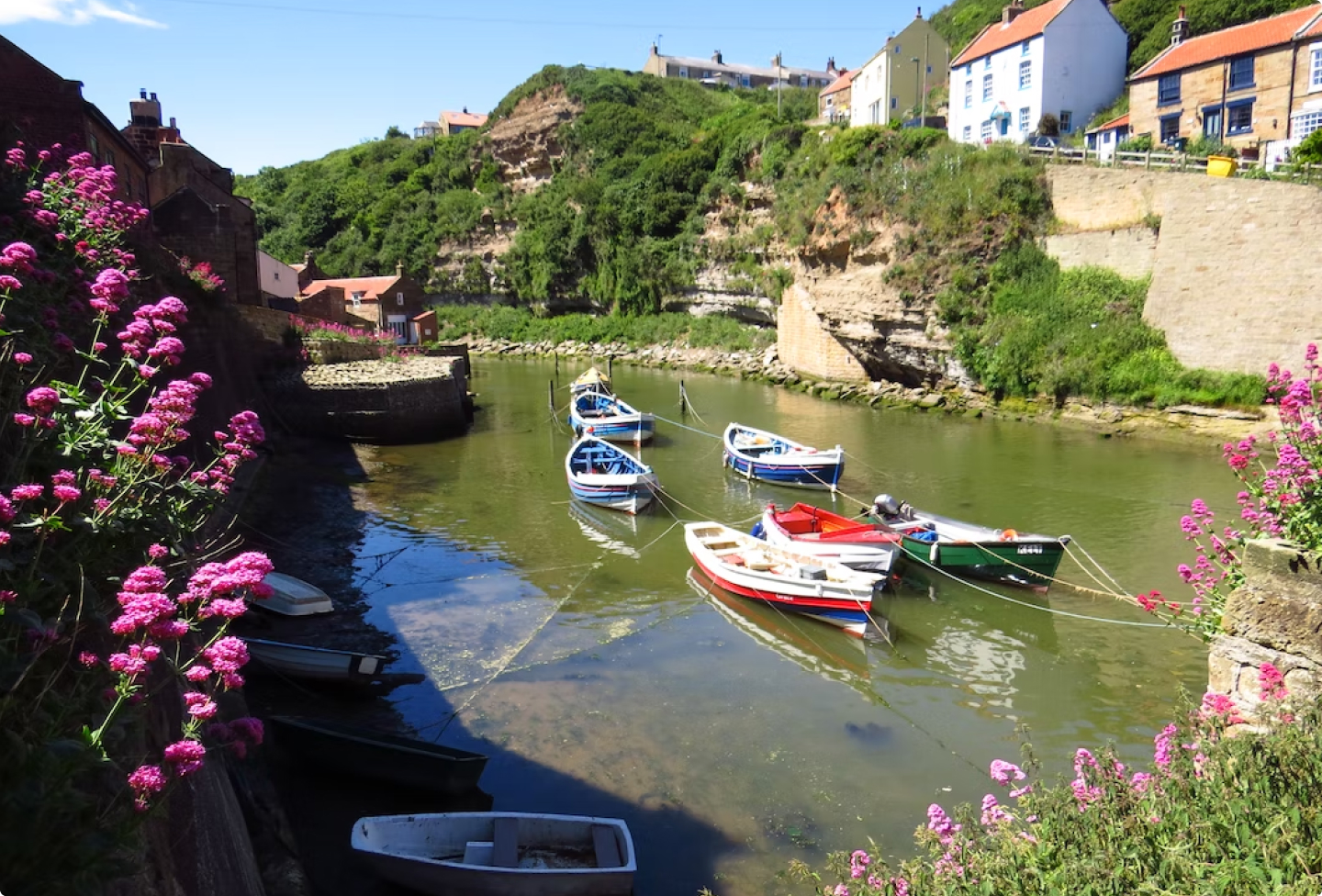 Colourful boaats in a still harbour